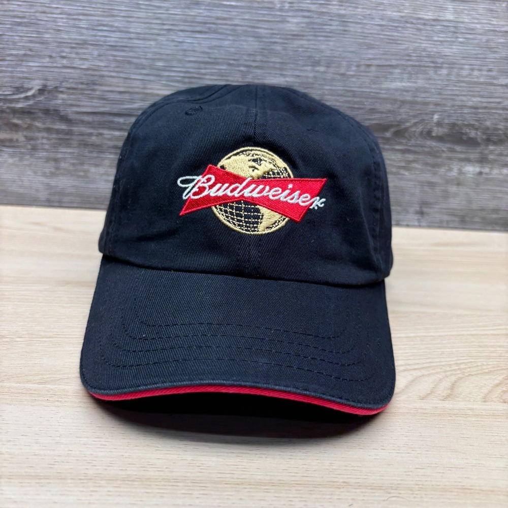 Budweiser Hat Cap Strap Back Black Red Embroidered Beers Adjustable